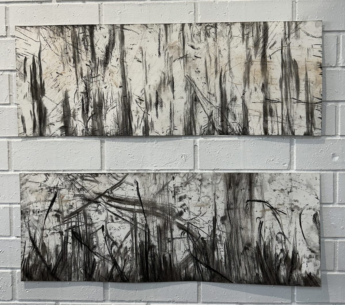 Two black and white horizonal artworks composed of abstract marks made by rubbing paper along recently burnt landscape.